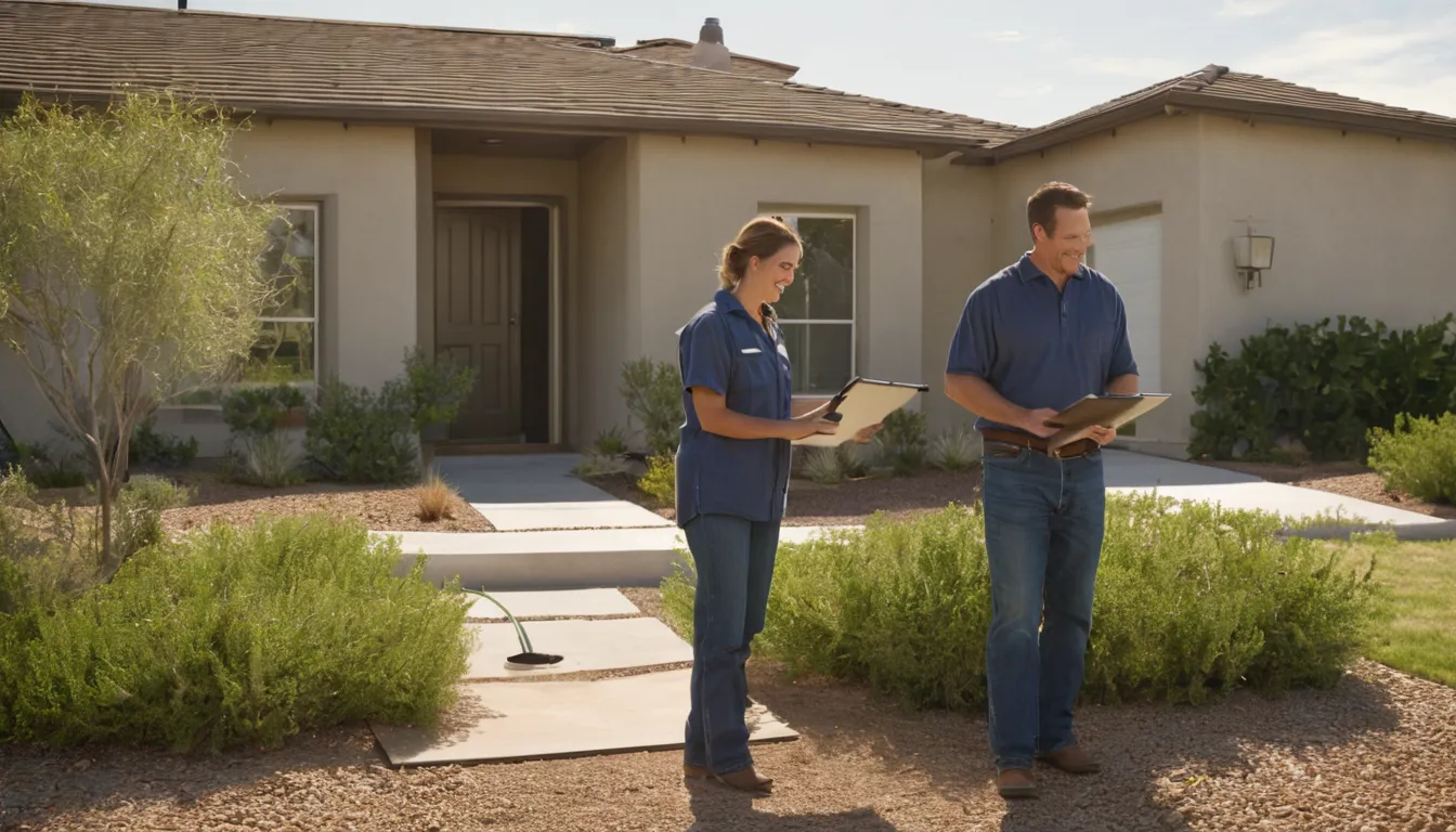 Friendly septic provider talking with a homeowner in a front yard in Orange