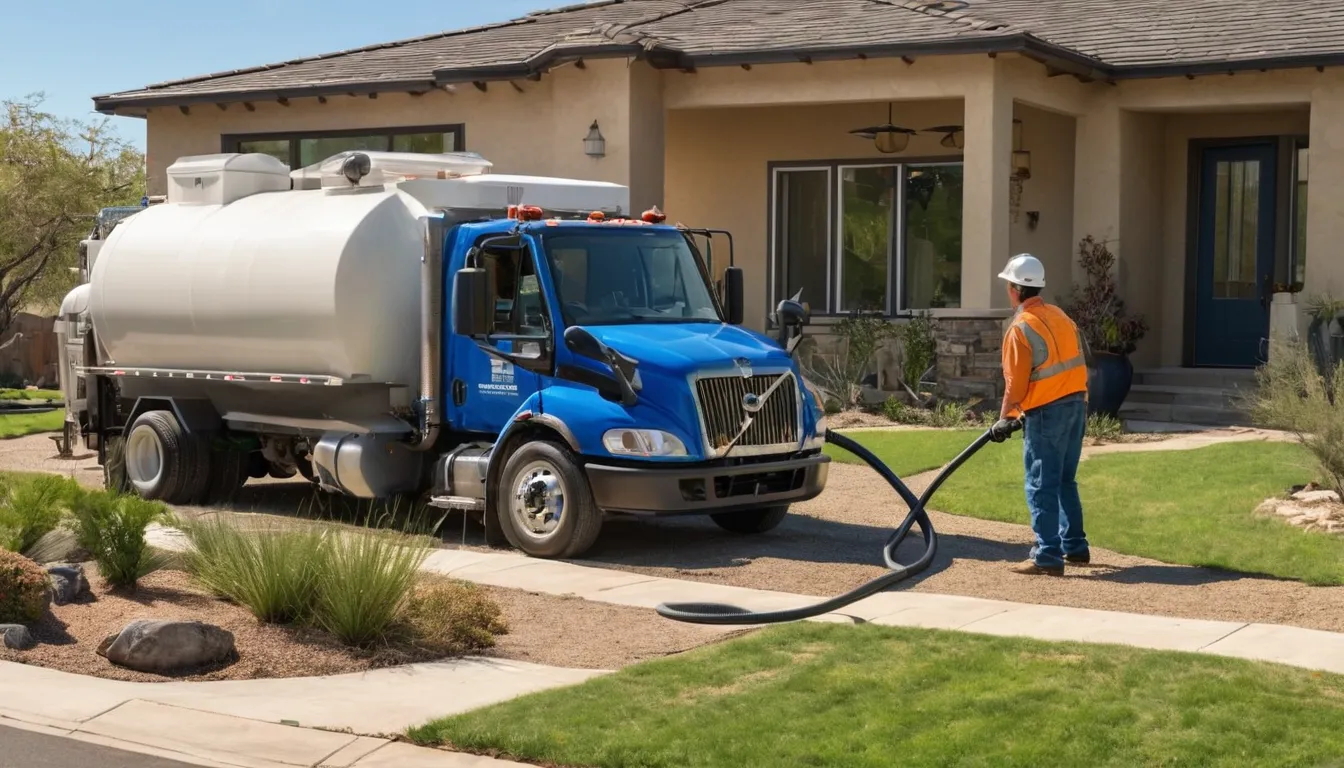 Septic tank pumping truck parked beside a stucco ranch home in the Orange area