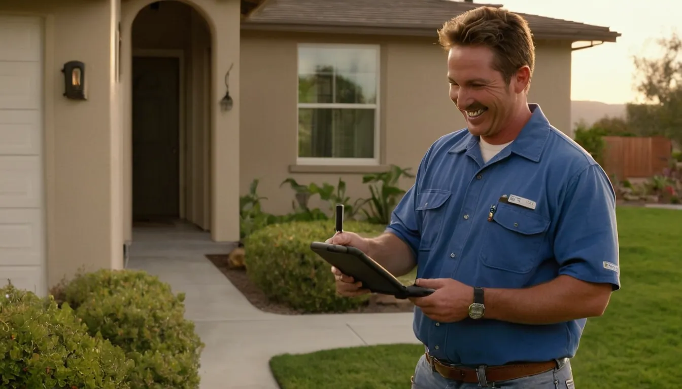 Friendly local provider showing a homeowner a camera inspection screen near a stucco ranch home in the Orange area